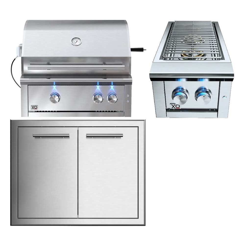 XO 3-Piece Outdoor Kitchen Package with XOGRILL30N 30 Inch Grill, XOG30DD 30 Inch Pro-Grade Luxury Double Door and XOGSIDEBURNN 13 Inch Double Side Burner in Stainless Steel