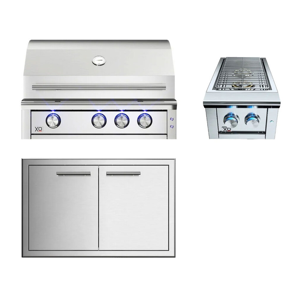 XO 3-Piece Outdoor Kitchen Package with XOGRILL32XLTN 32 Inch Built-In Gas Grill, XOG32DDXLT 32 Inch XLT Double Doors and XOGSIDEBURNN 13 Inch Double Side Burner in Stainless Steel
