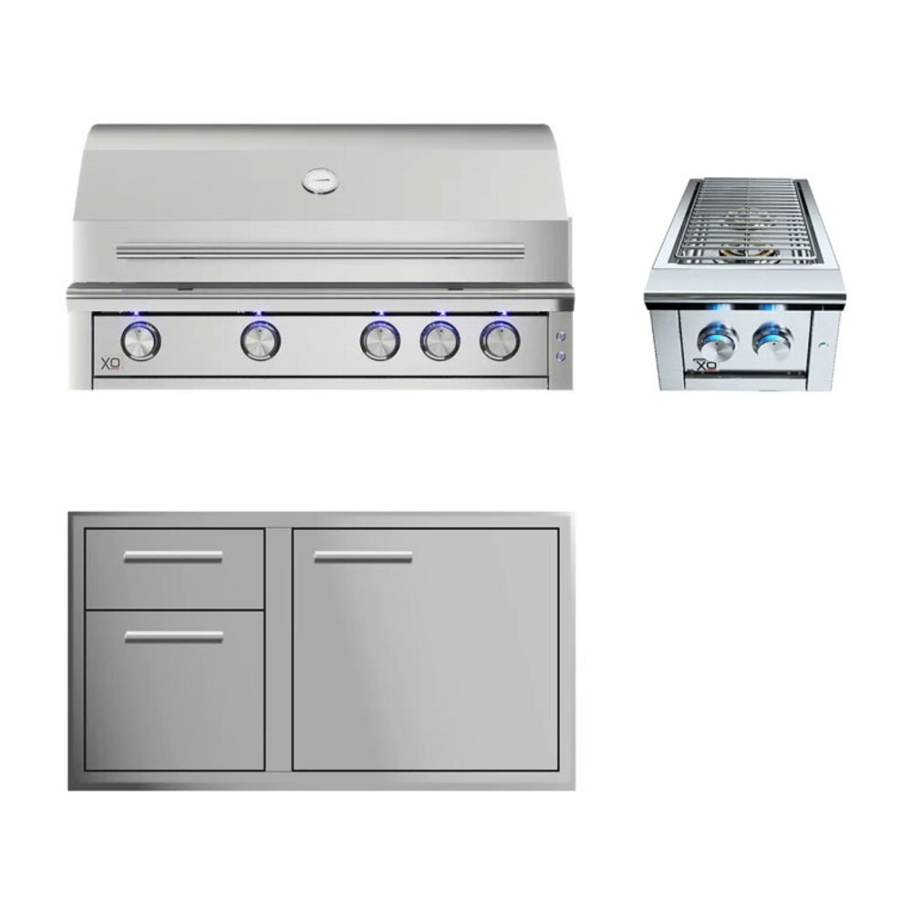 XO 3-Piece Outdoor Kitchen Package with XOGRILL40XLTN 40 Inch Built-In Natural Gas Grill, XOG40COMBOXLT 40 Inch XLT Door+Drawer Combo and XOGSIDEBURNN 13 Inch Double Side Burner in Stainless Steel