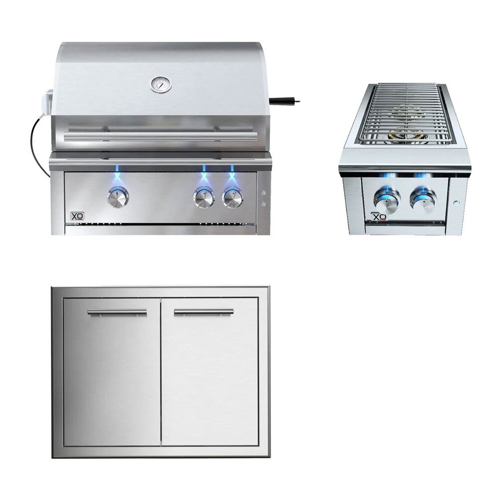 XO 3-Piece Outdoor Kitchen Package with XOGRILL30L 30 Inch Grill, XOG30DD 30 Inch Pro-Grade Luxury Double Door and XOGSIDEBURNL 13 Inch Double Side Burner in Stainless Steel