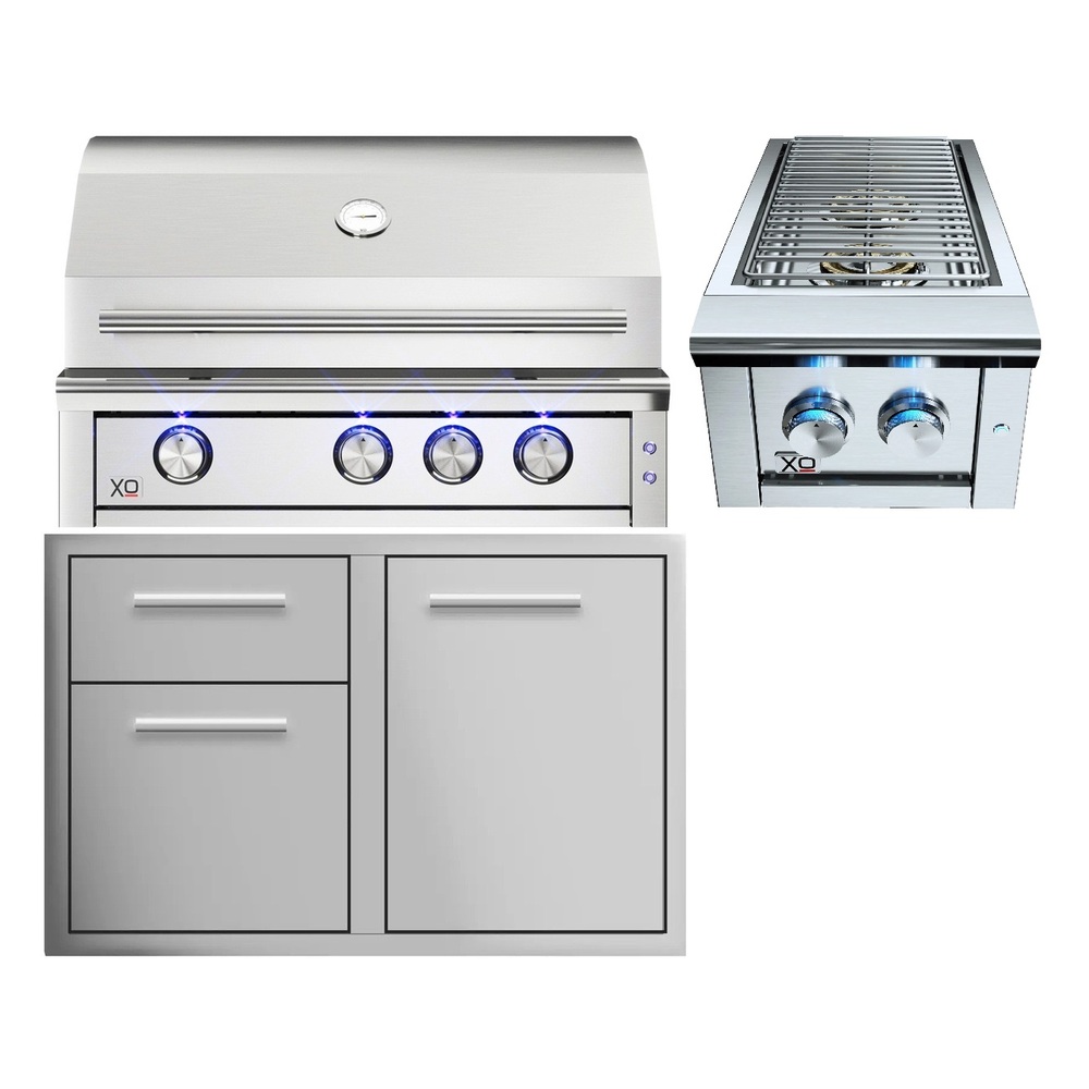 XO 3-Piece Outdoor Kitchen Package with XOGRILL32XLTL 32 Inch Built-In Gas Grill, XOG32COMBOXLT 32 Inch XLT Door+Drawer Combo and XOGSIDEBURNL 13 Inch Double Side Burner in Stainless Steel