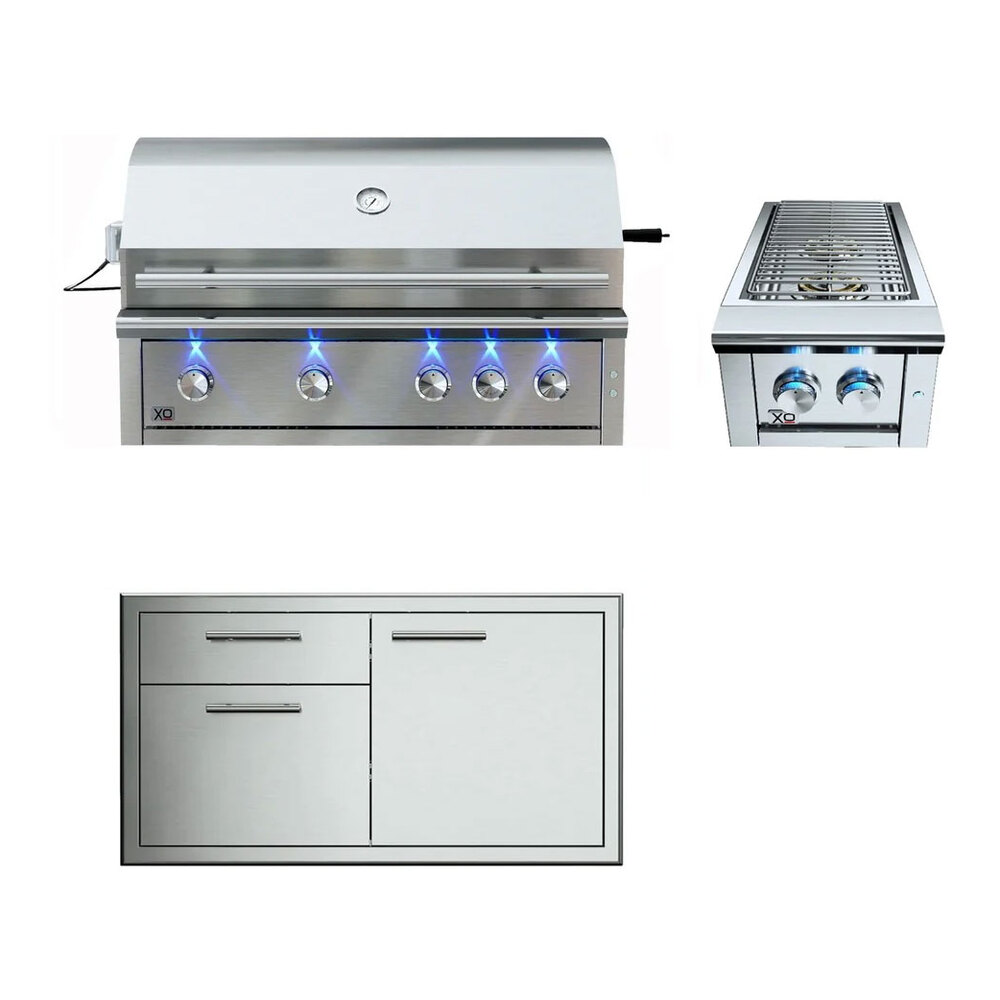 XO 3-Piece Outdoor Kitchen Package with XOGRILL42L 42 Inch Grill, XOG42COMBO 42 Inch Single Roll Out Door and XOGSIDEBURNL 13 Inch Double Side Burner in Stainless Steel
