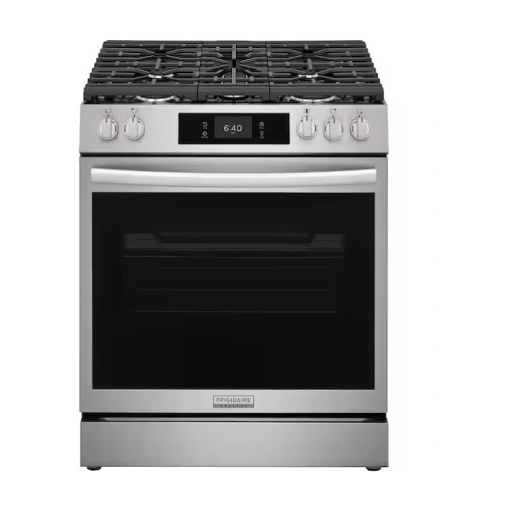 Frigidaire Gallery GCFG3070BF 30 Inch Gas Range with 5 Sealed Burners, Stone Baked Pizza, Air Fry, Temperature Probe, Storage Drawer, Steam and Self-Cleaning Option in Stainless Steel