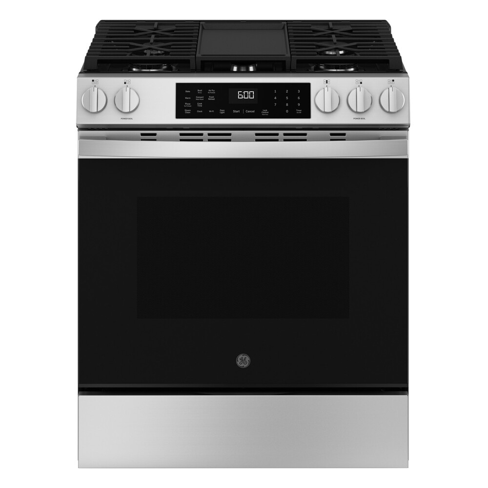 GE GGS600AVFS 30 inch Slide-In Smart Gas Convection Range with 5 Burners, 5.3 cu. ft. Capacity, No Preheat Air Fry and EasyWash Oven Tray (Stainless Steel)