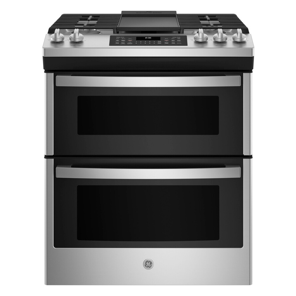GE JGSS86SPSS 30 inch Slide-In Gas Double Oven Range with 5 Burners, 6.7 cu. ft. Capacity, No-Preheat Air Fry and Integrated Griddle in Stainless Steel