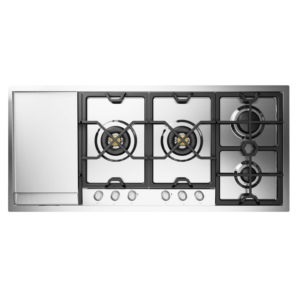 ILVE UHCPMT125FSSLP Panoramagic 48 inch Built-In Gas Cooktop with Total Black Brass Burners, in Stainless Steel  (6 Sealed Burners + Left Griddle, Liquid Propane)