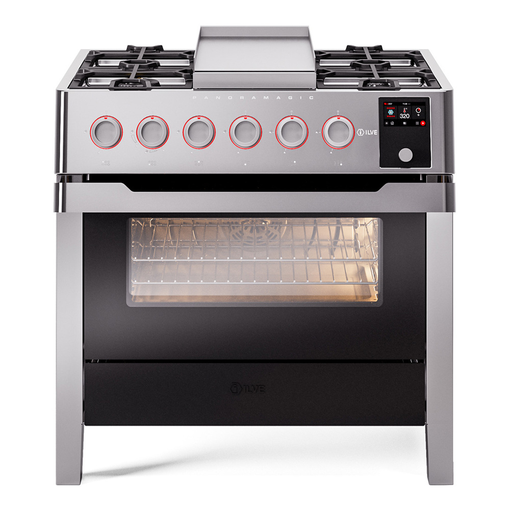 ILVE UPM09FDS3SSLP Panoramagic 36 inch Dual Fuel Range with 6 Burners and Griddle (Liquid Propane)