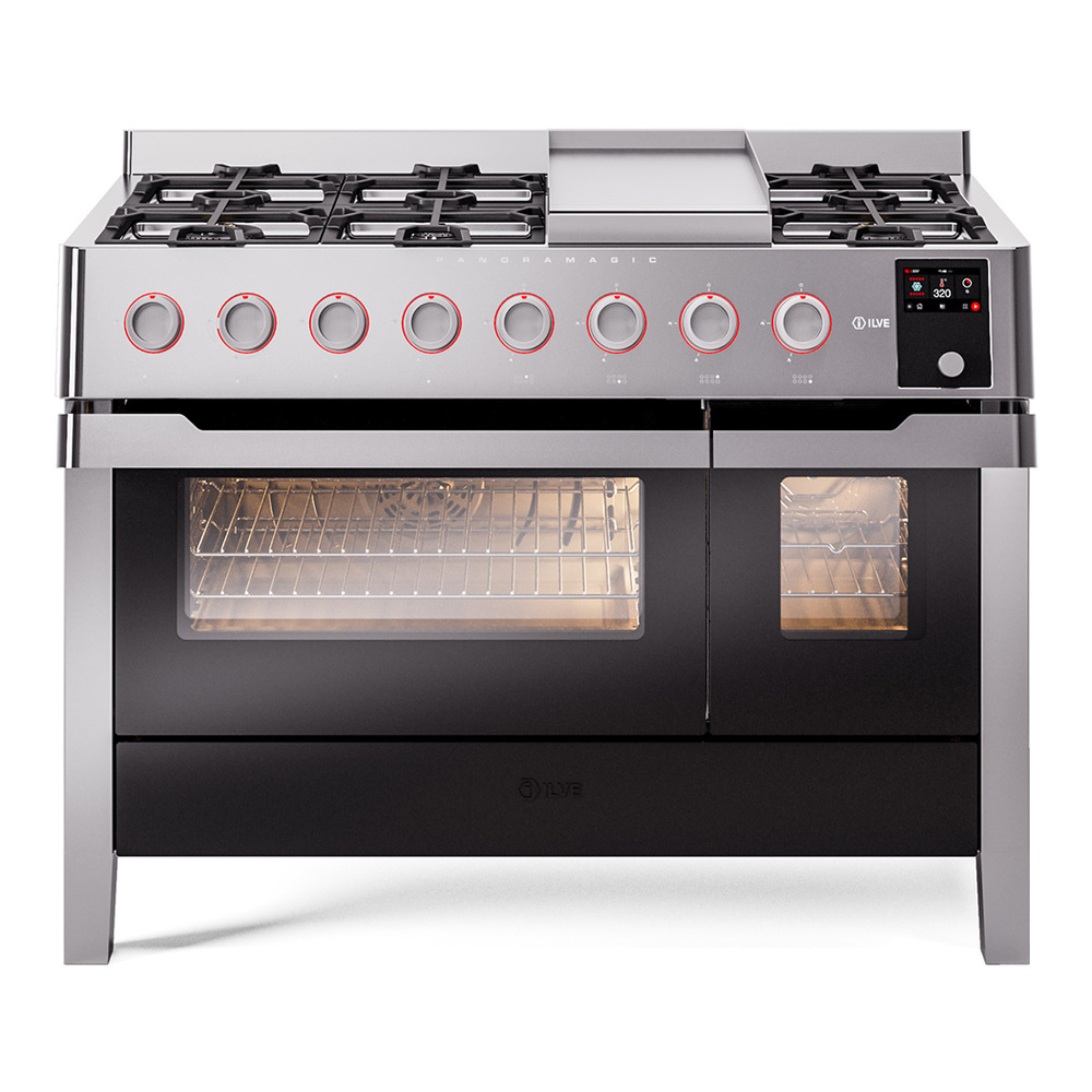 ILVE UPM12FDS3SSLP Panoramagic 48 inch Dual Fuel Range with 8 Burners and Griddle, 5.02 cu. ft. Total Oven Capacity (Liquid Propane)