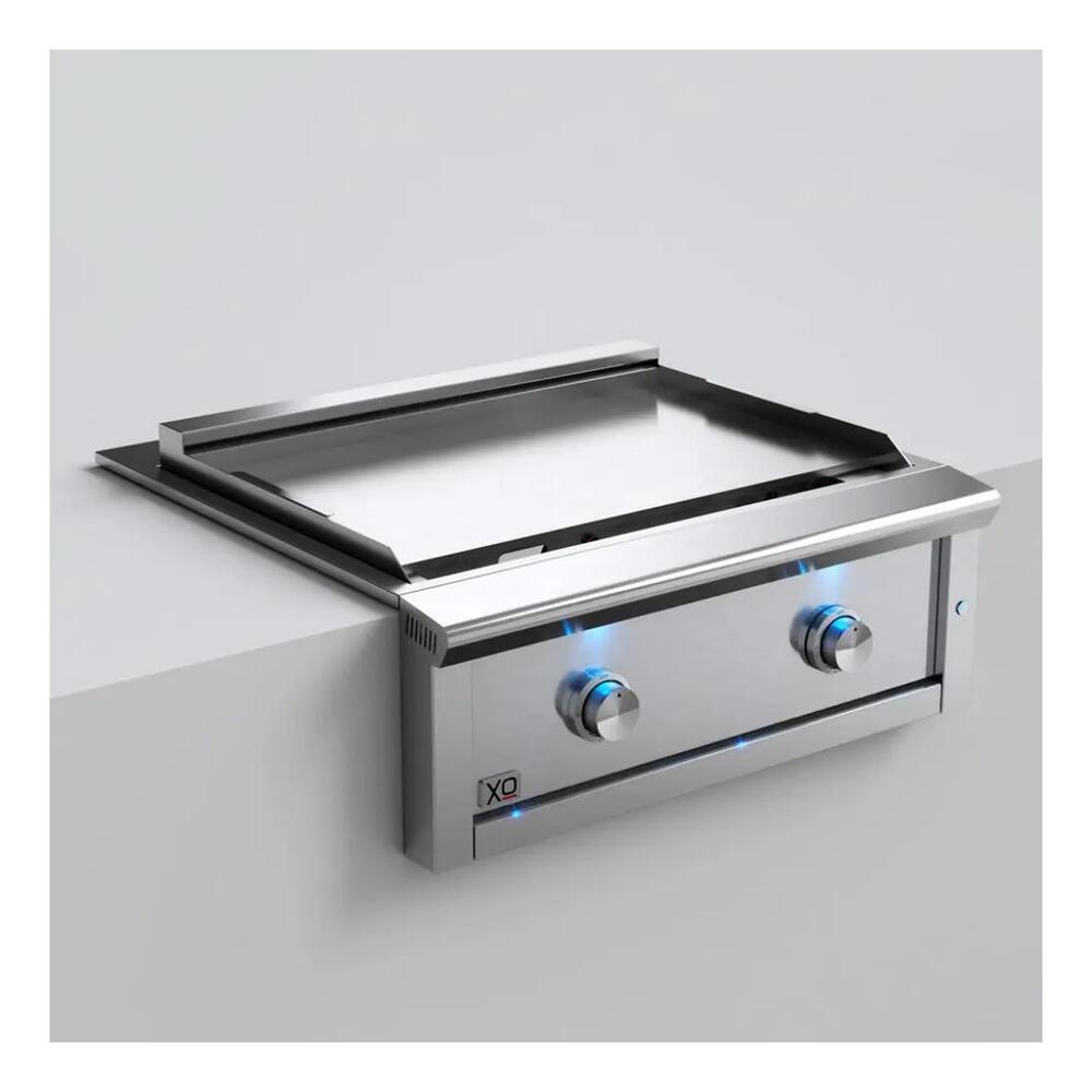 XO XOGRIDDLE30L 30 inch Built-In Griddle with 36,000 BTU, 495 sq. in Cooking Surface, Elegant LED Lighting, Under Cover, in Stainless Steel (Liquid Propane)